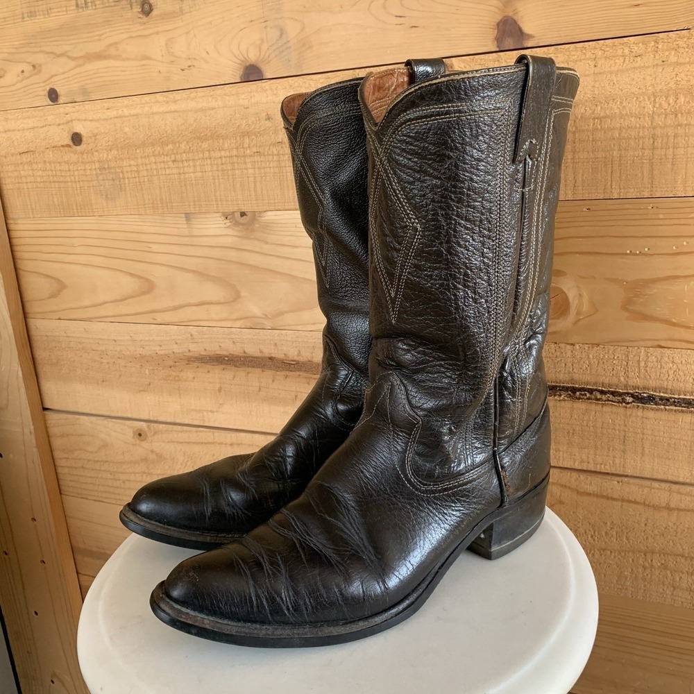 Vintage 1970s Texas Brand Water Buffalo Cowboy Boots 10B USA Made Exotic‎ Black
